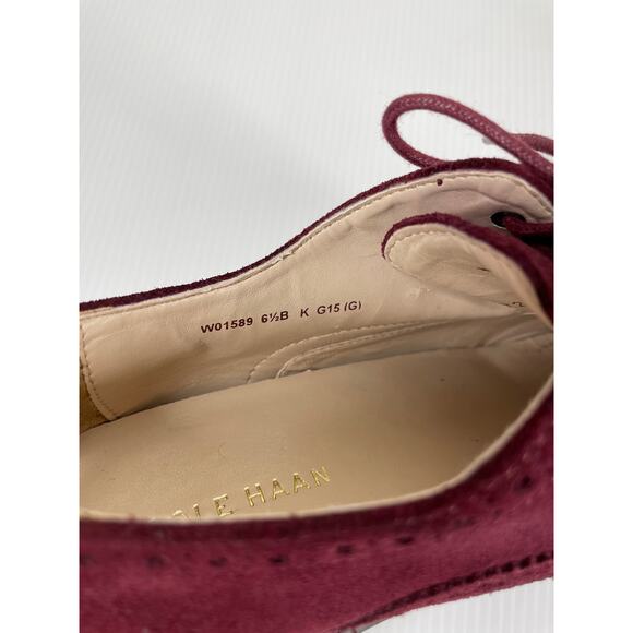 COLE HAAN Skylar Suede Leather Oxfords Size 6.5 Burgundy Wingtip Classic Preppy - Picture 9 of 12